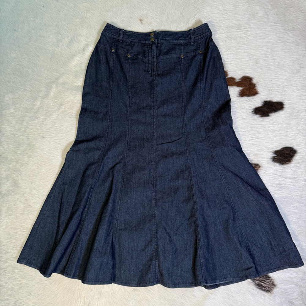 Dark Wash Denim Midi Skirt A-Line Stretch High Waist Size 6